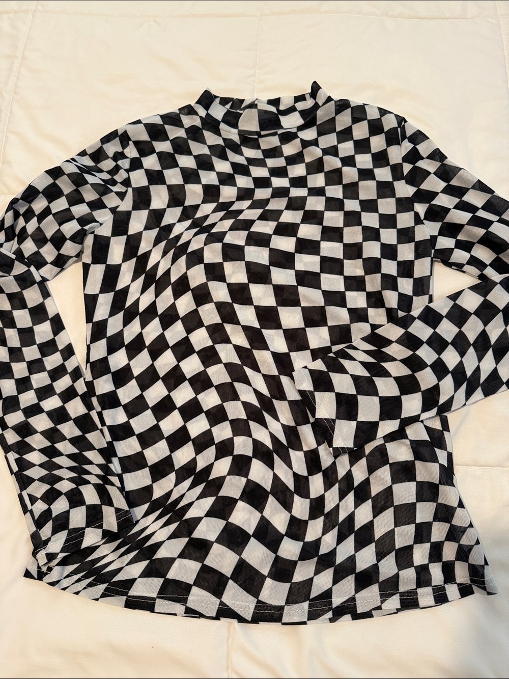 Black and White Checkered Long Sleeve Women's Sheer Shirt